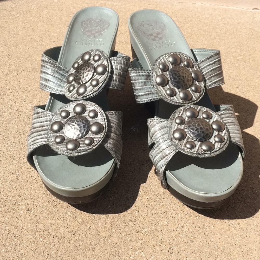 Vince Camuto grey & silver leather wedge sandals